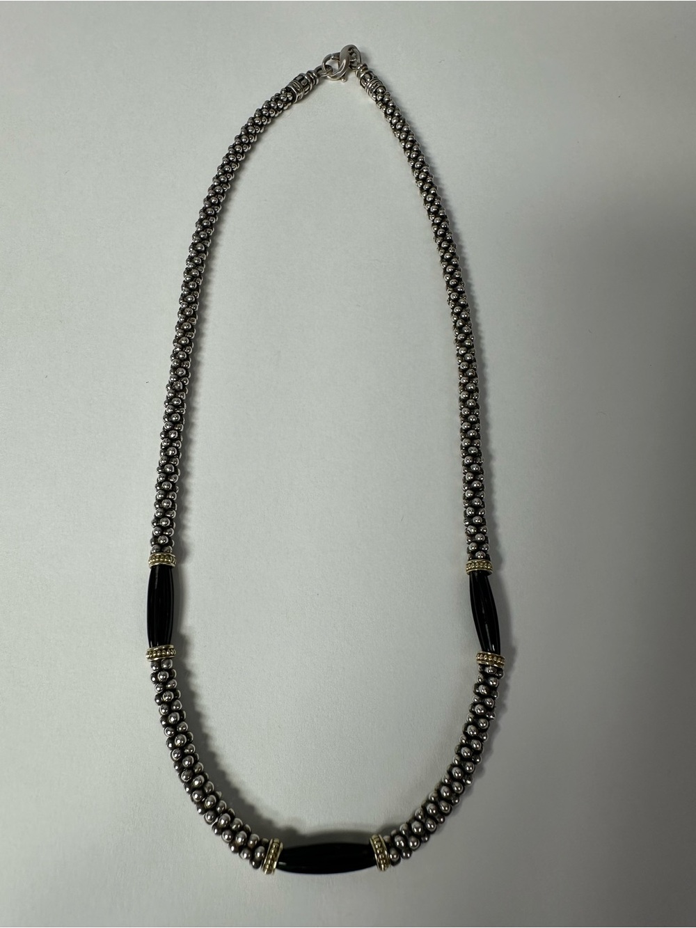 Lagos Caviar Necklace 925 Sterling and 18K Yellow gold 3 Black Ceramic Stations